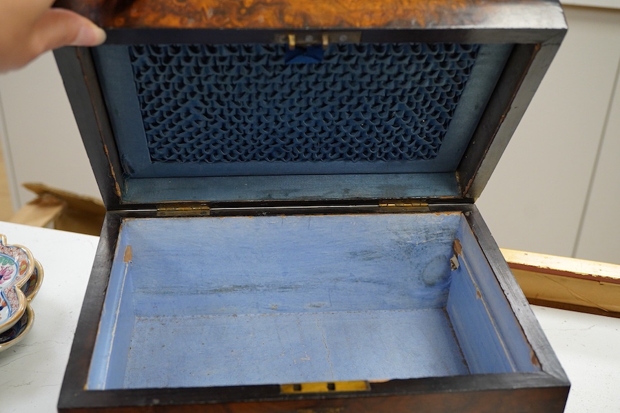 A George III octagonal work box, with various sewing accessories, a candle box and a burr walnut box, largest 35cm wide